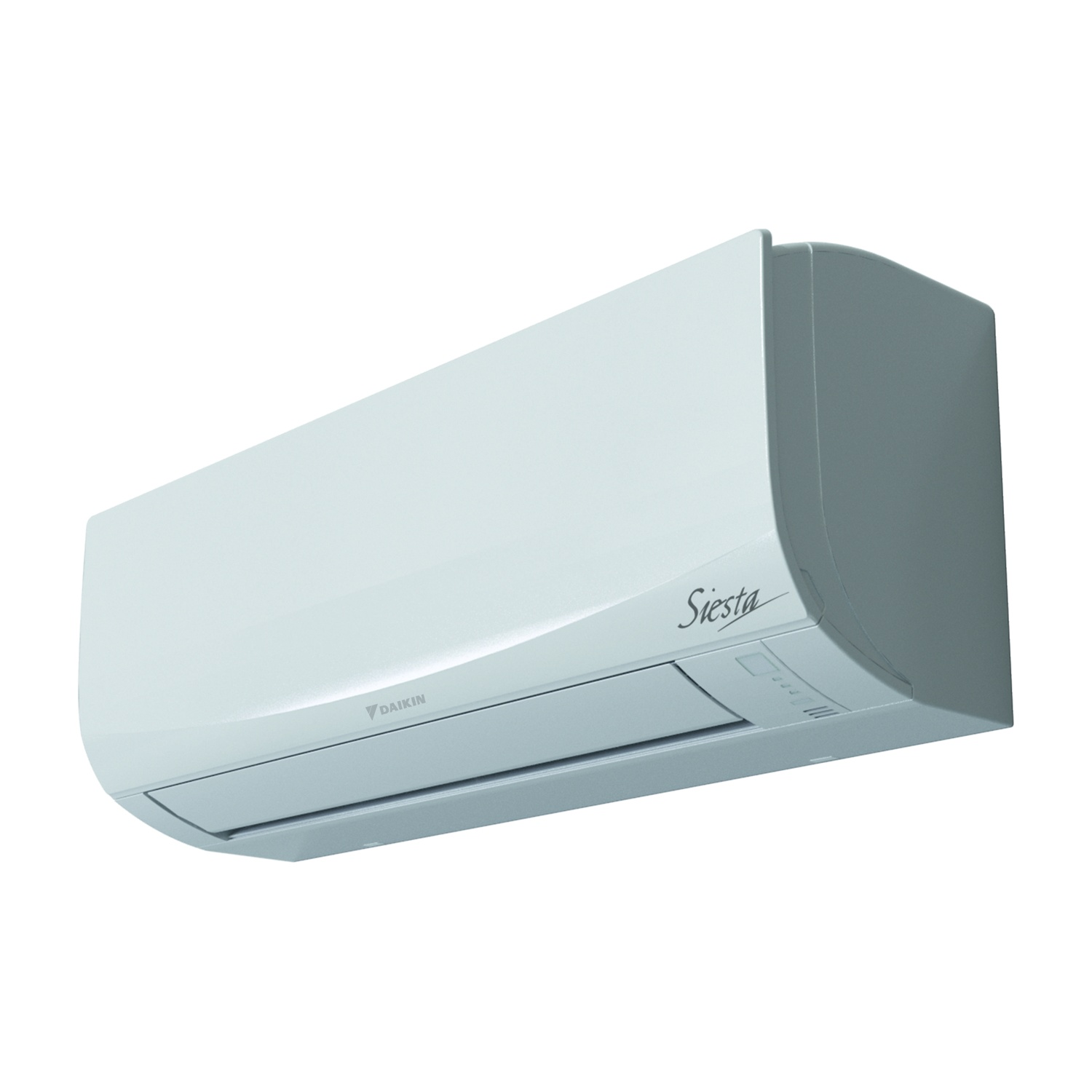 Un condizionatore Daikin bianco, montato a parete, con il nome Siesta.