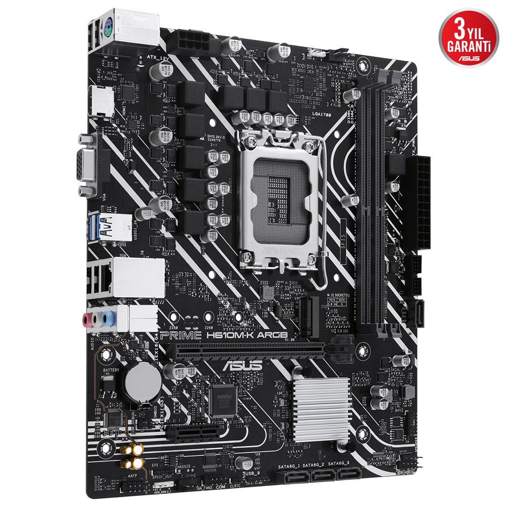 Birçok bileşeni ve bir ASUS logosu olan siyah ve gümüş bir bilgisayar anakartı.