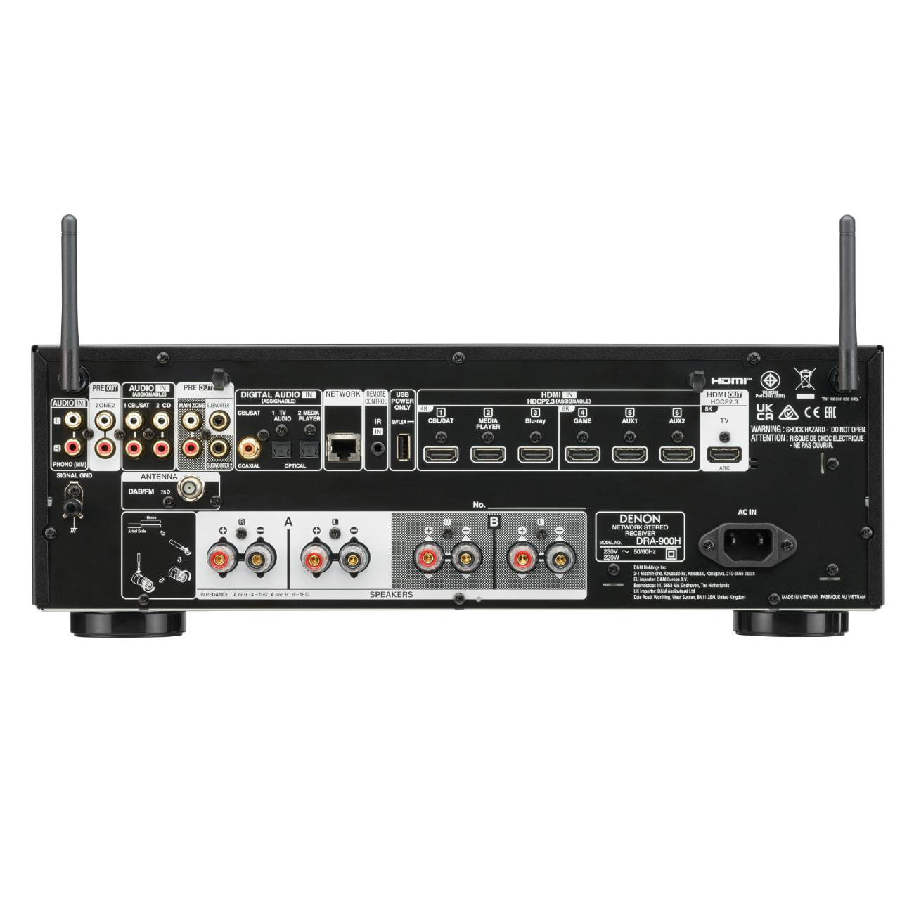 Rückseite eines Denon-Audio-Receivers. Es hat viele Eingänge und Ausgänge, die deutlich beschriftet sind.