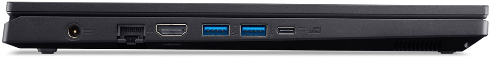 A laptop oldalának közeli képe a portokkal. Tartalmazza a tápellátást, ethernetet, HDMI-t, USB-t és USB-C portokat.