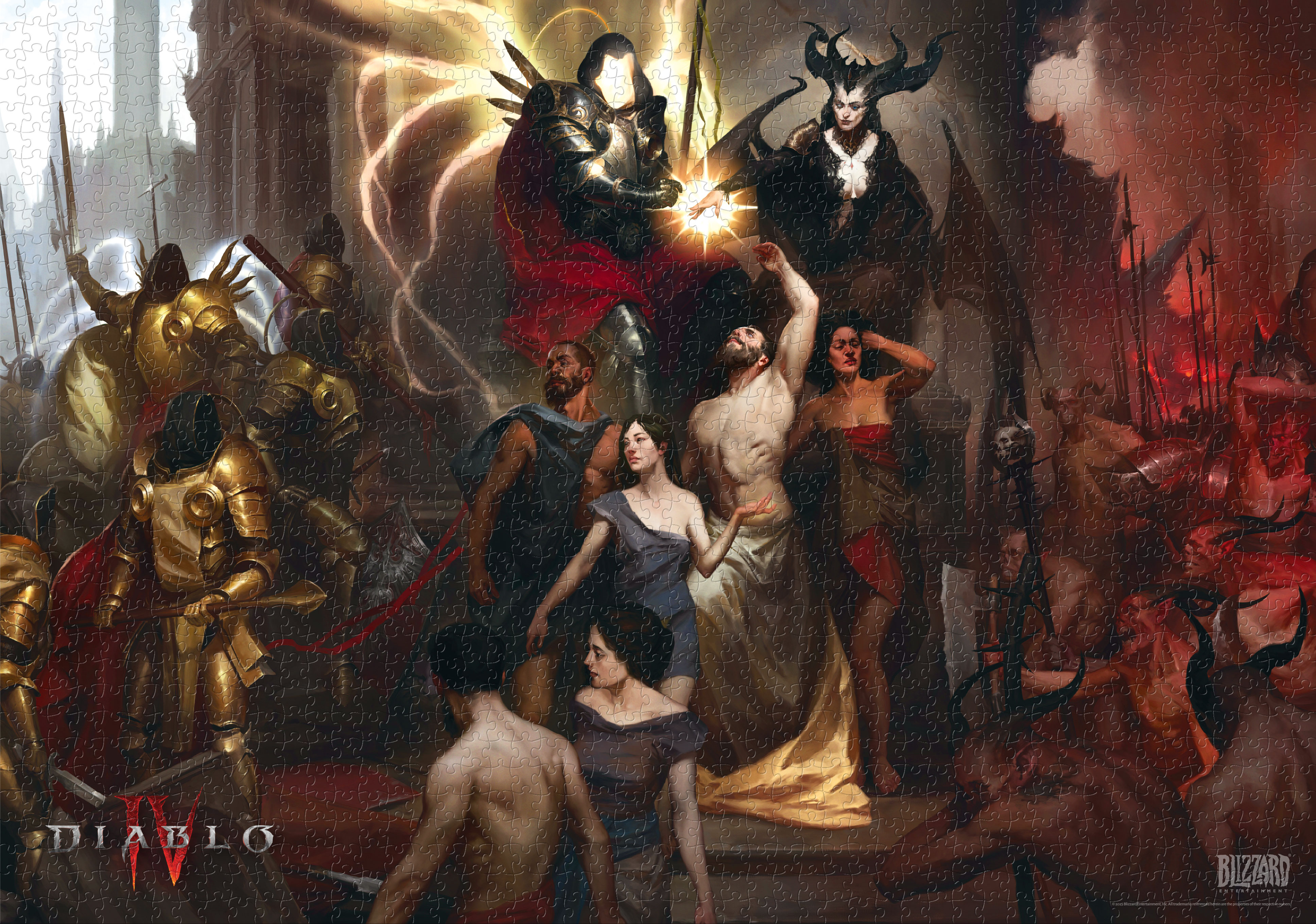 Egy kirakós kép egy fantasy művészeti jelenettel, harcosokkal, démonokkal és figurákkal egy csatában.