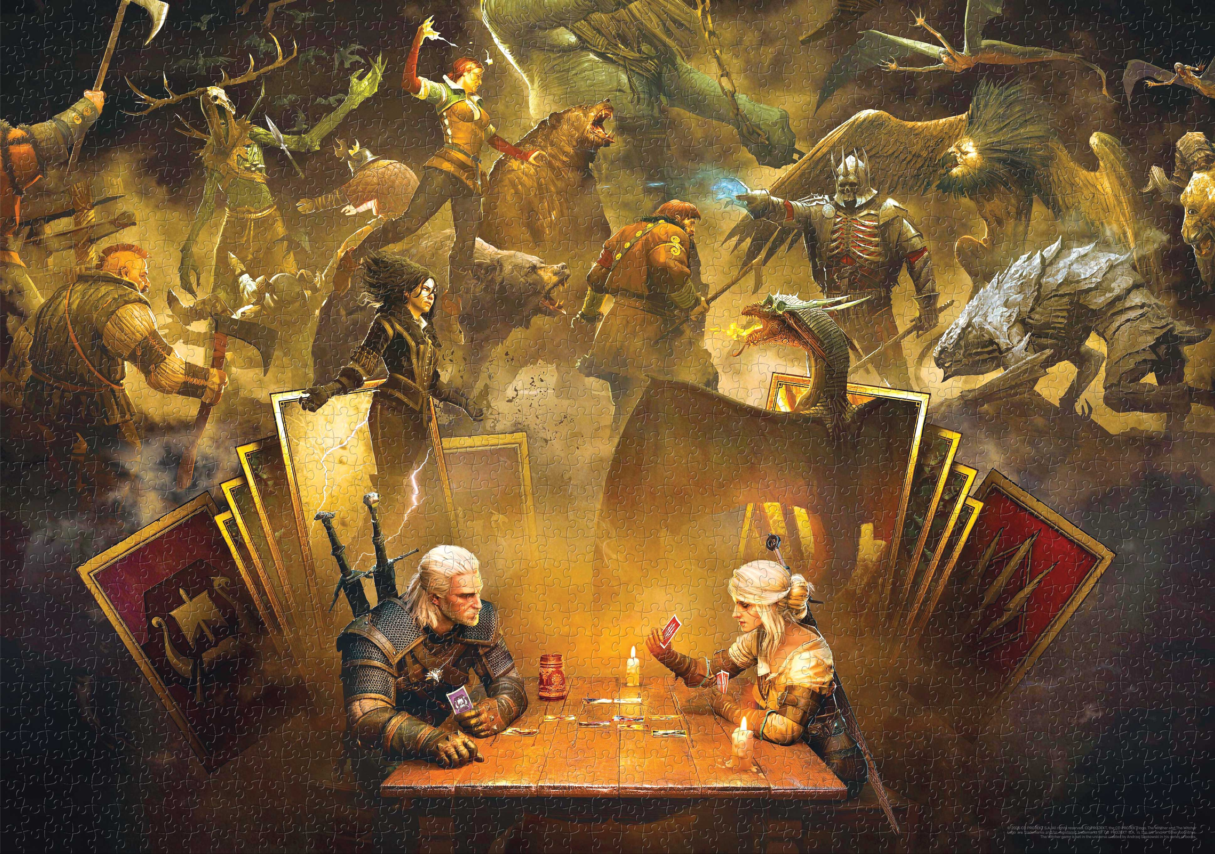 Egy kirakós a Witcher játék fantasy jelenetével, karakterekkel, szörnyekkel és egy kártyajátékkal alul.