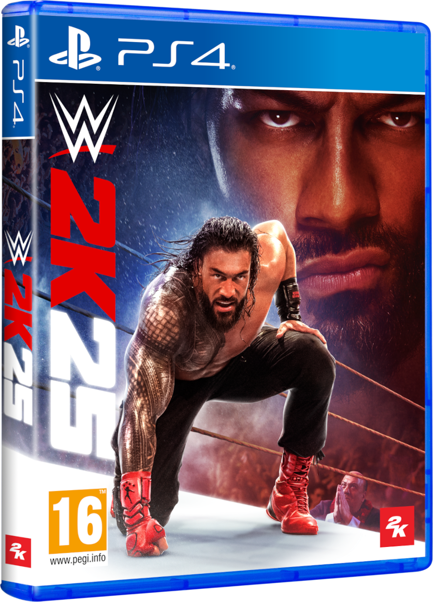 WWE 2K22 PS4 játékborító, térdelő birkózóval, és egy másik birkózó arca a háttérben.