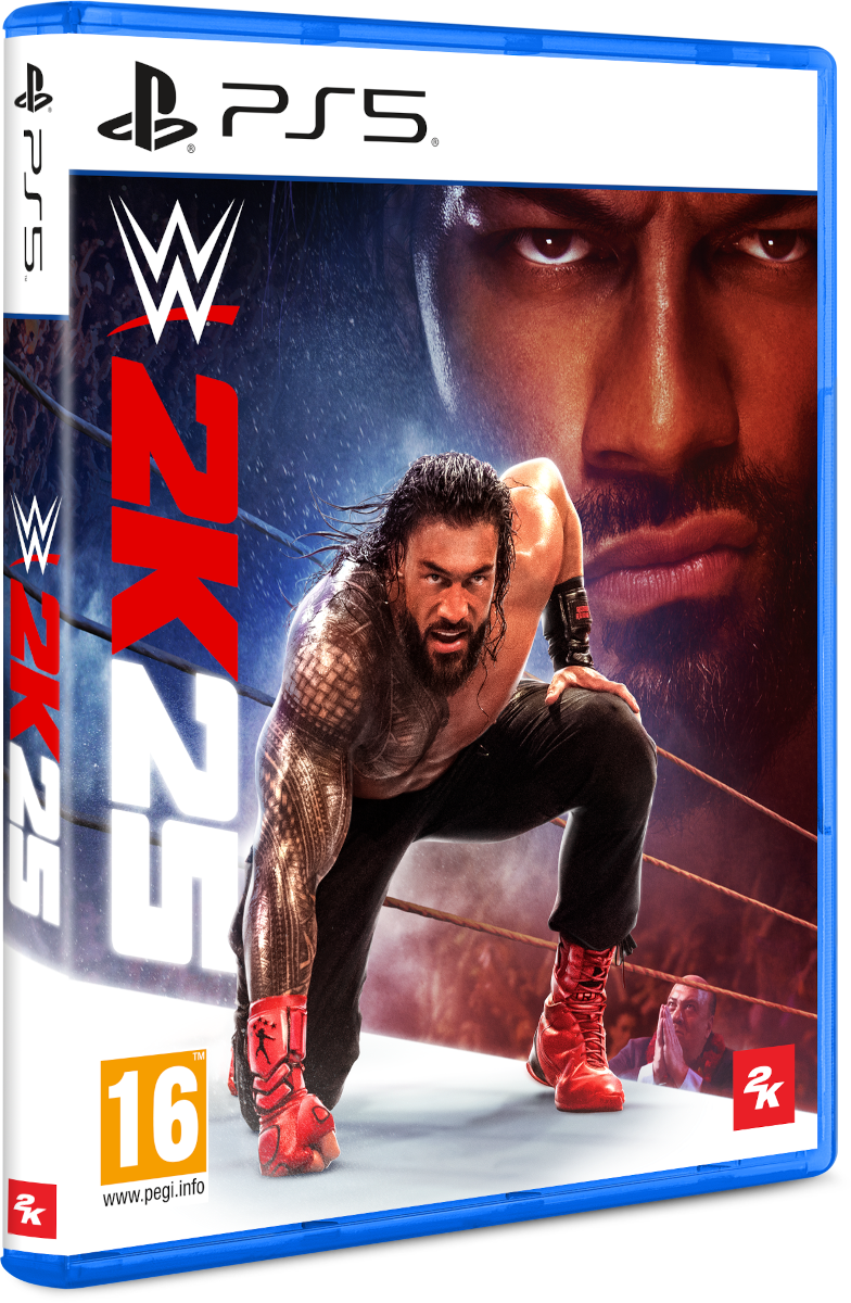 WWE 2K25 játék borítója. Roman Reigns birkózó a ringben. PS5 logó és a játék címe látható.