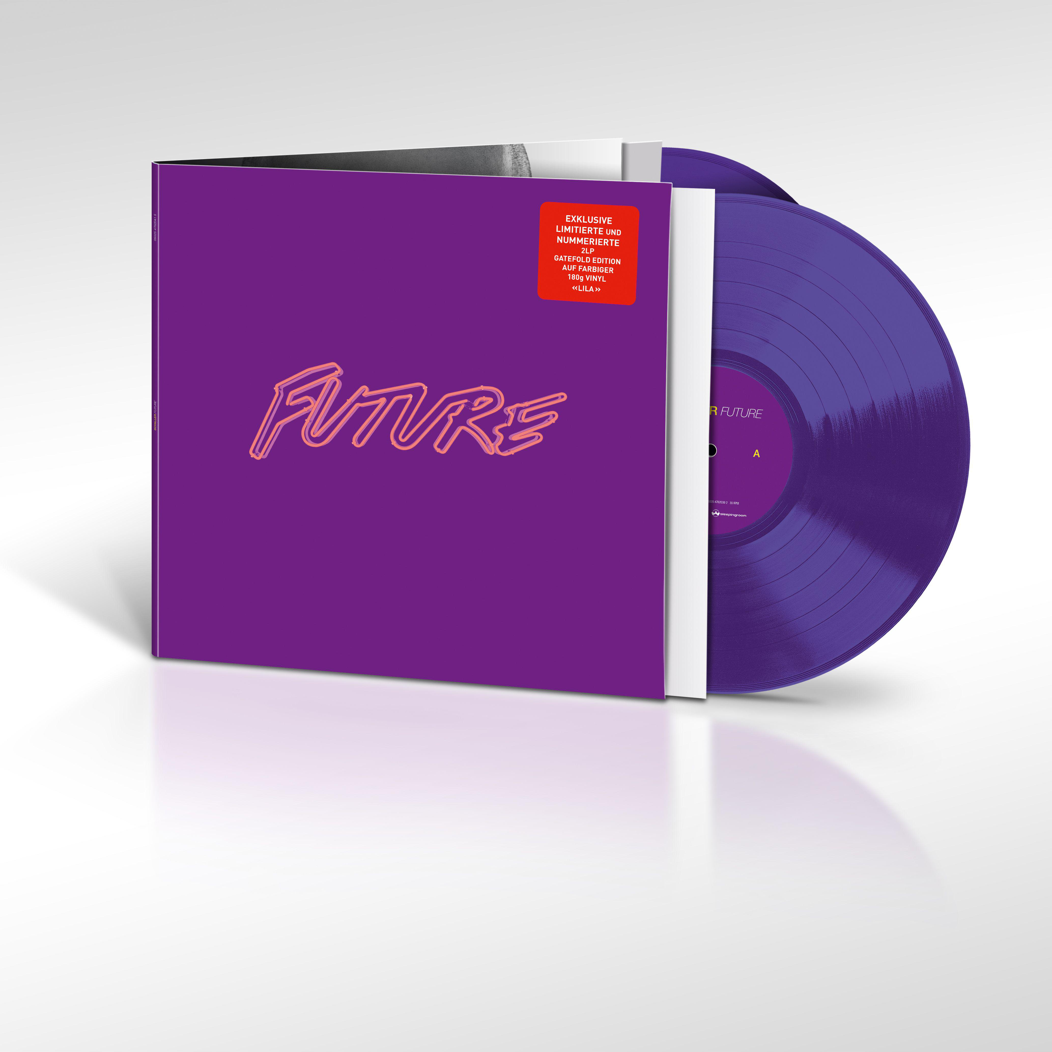 Lila LP-Plattencover mit weißem Text 'FUTURE'. Die Schallplatte ist ebenfalls lila.