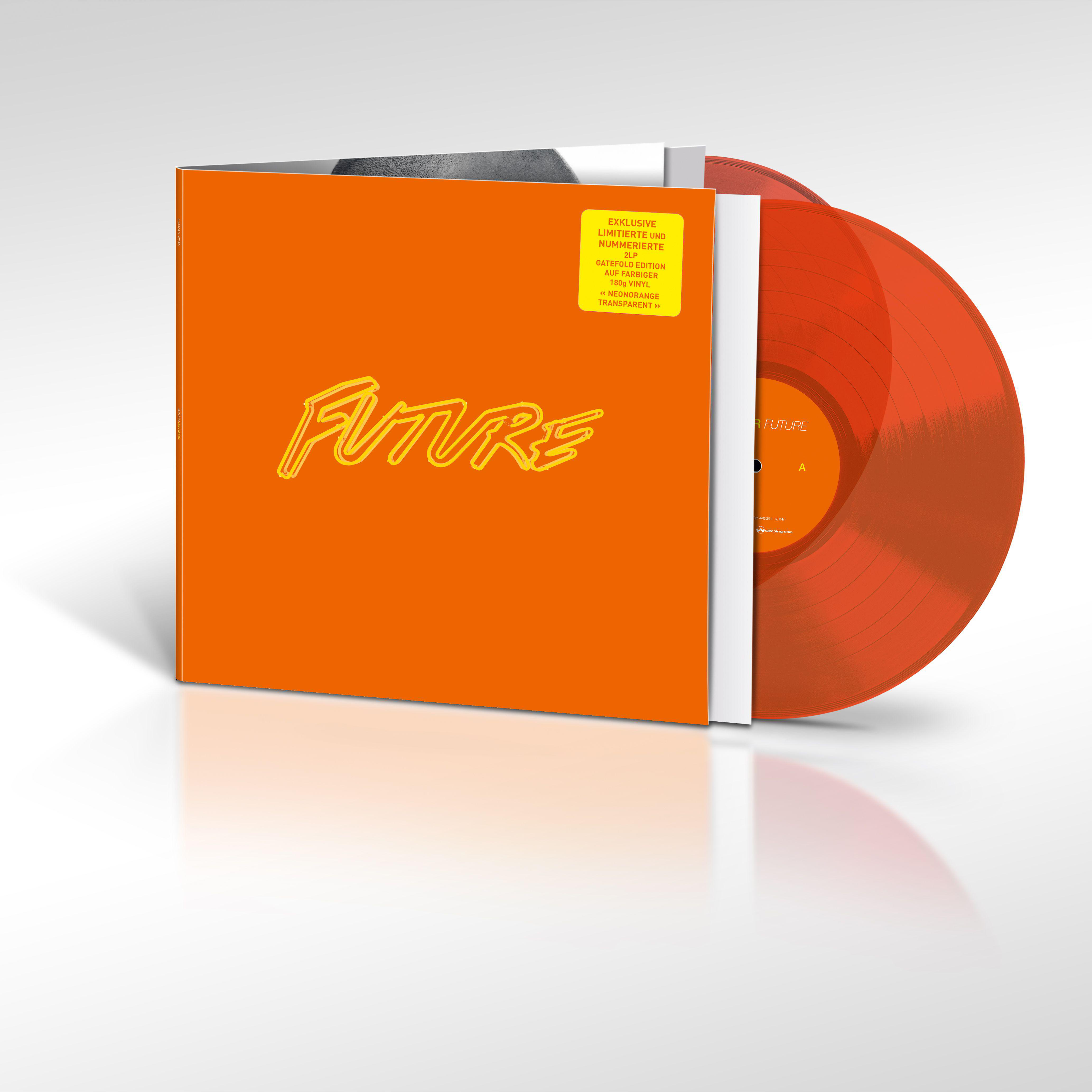 Oranges Albumcover mit 'FUTURE' in großen gelben Buchstaben. Zwei rote Vinylplatten sind sichtbar.