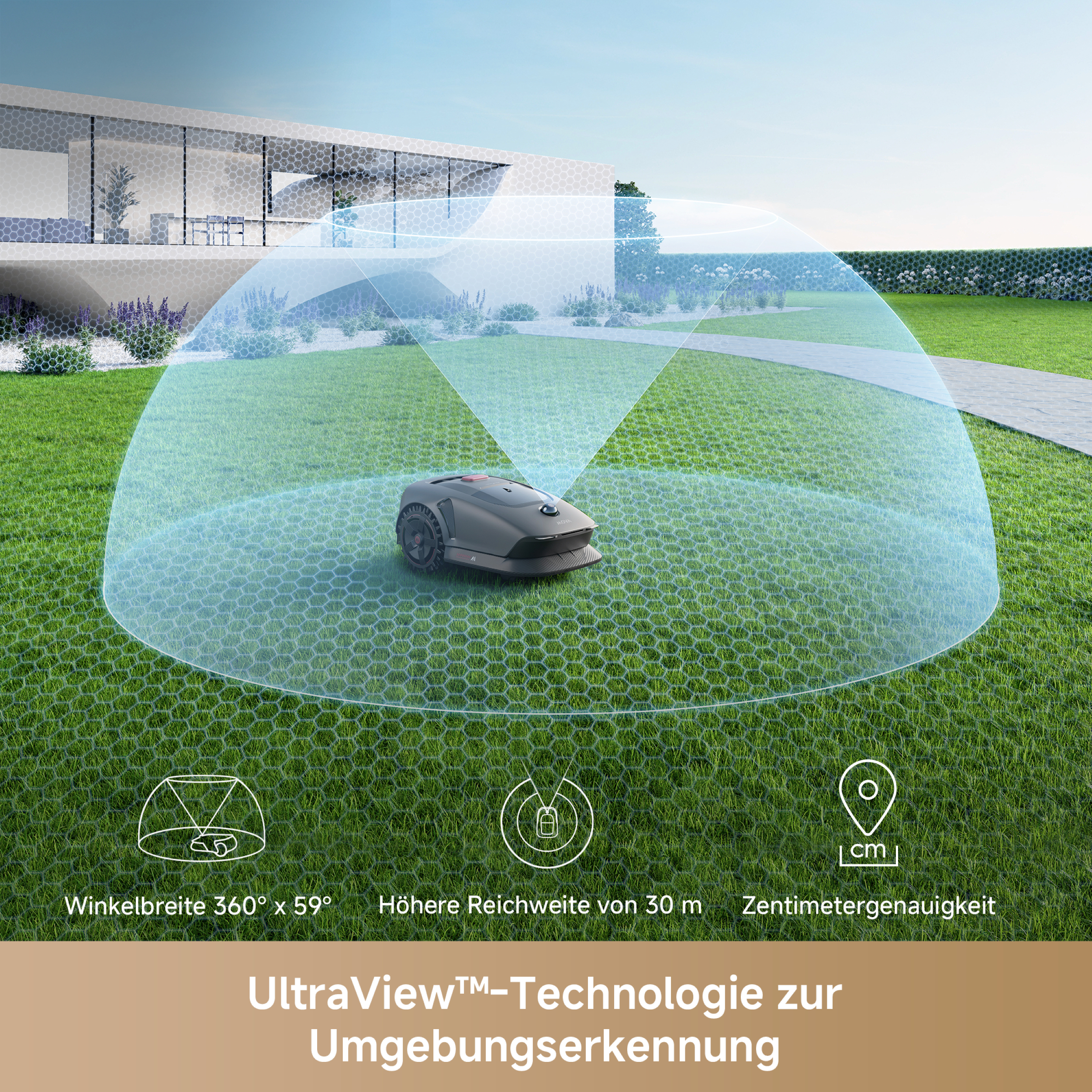 Ein Roboter-Rasenmäher auf Gras mit einem markierten kreisförmigen Bereich. Ein Haus ist im Hintergrund.