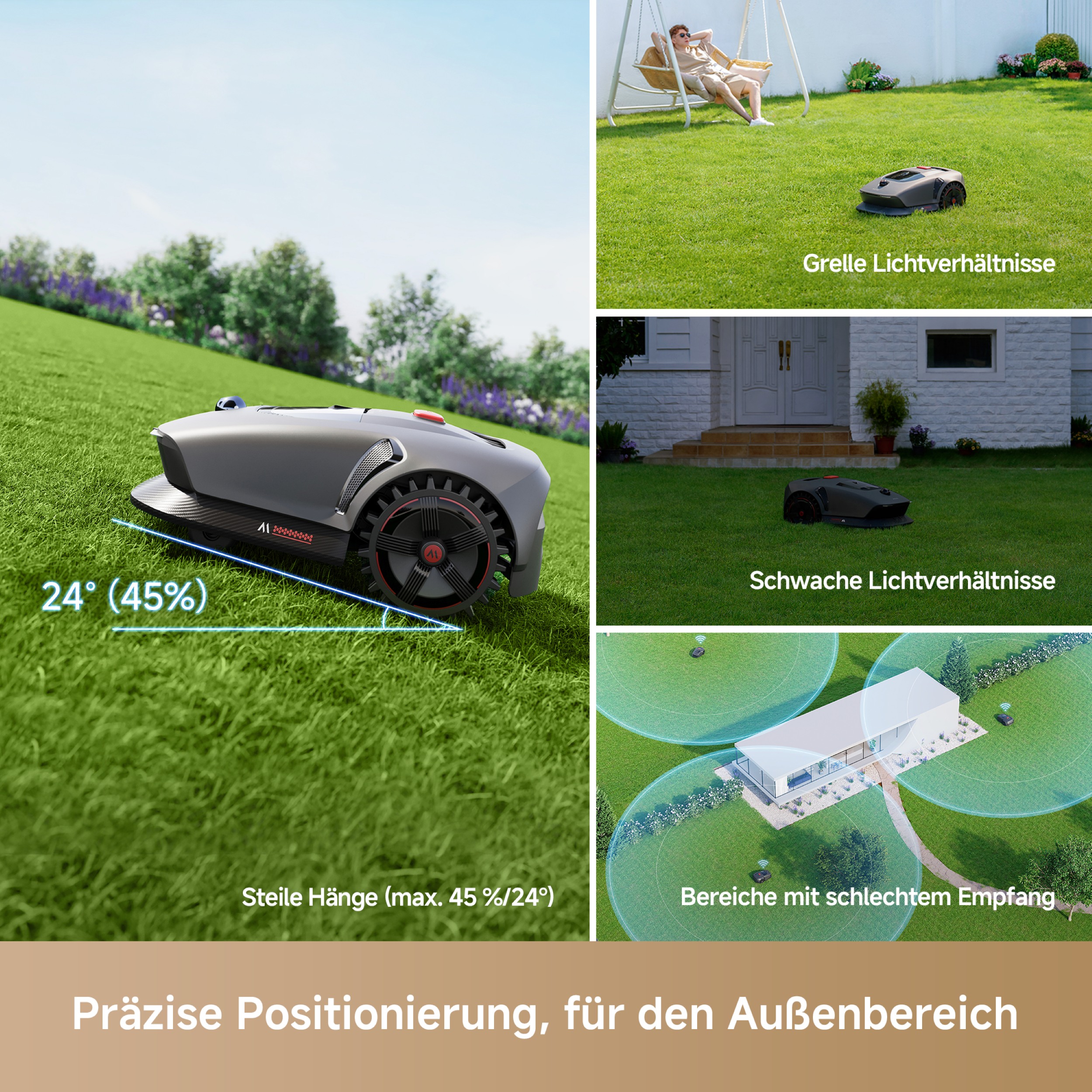 Ein Roboter-Rasenmäher auf Gras mit verschiedenen Szenarien.