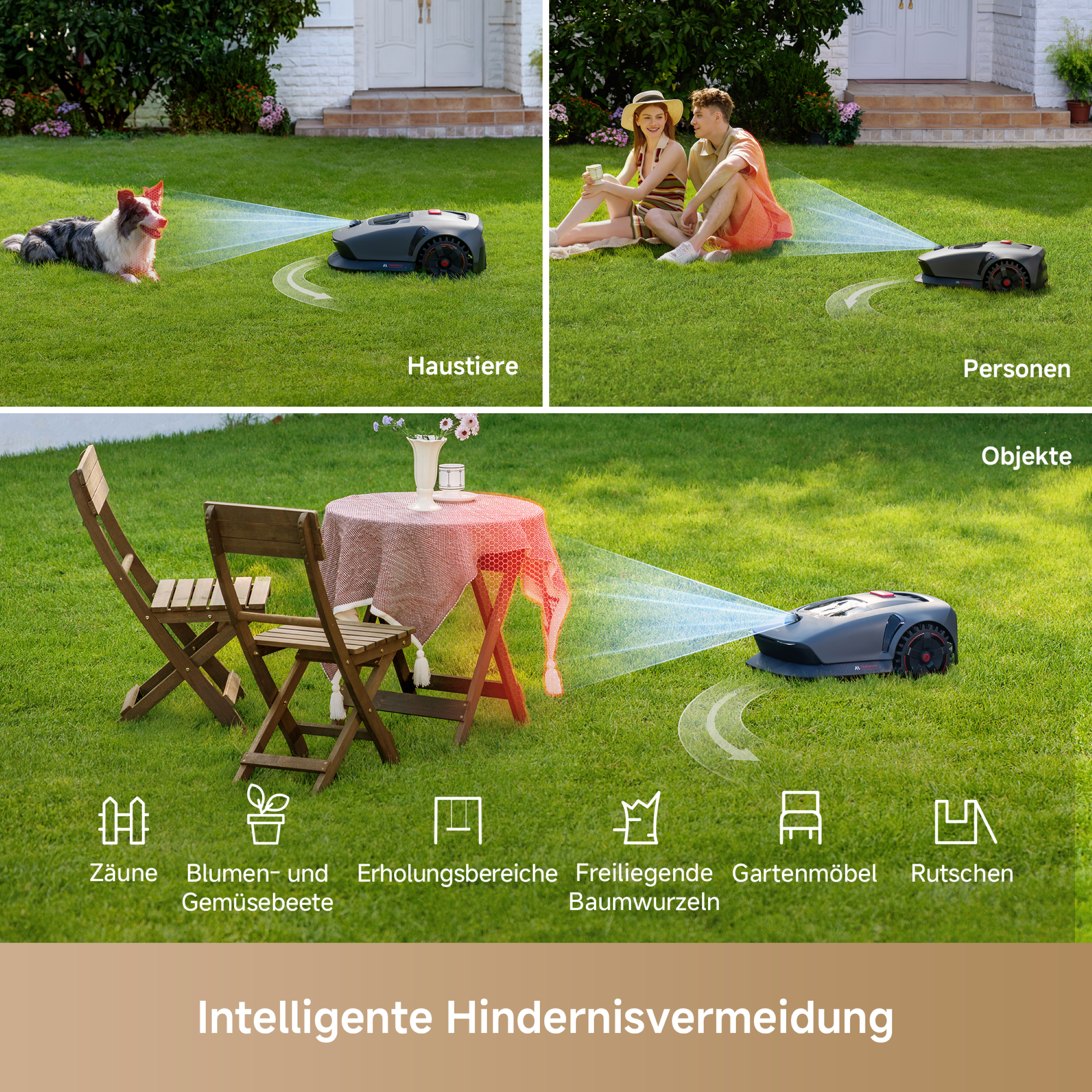Ein Roboter-Rasenmäher, der durch einen Garten navigiert, mit markierten Hunden, Personen und Objekten.