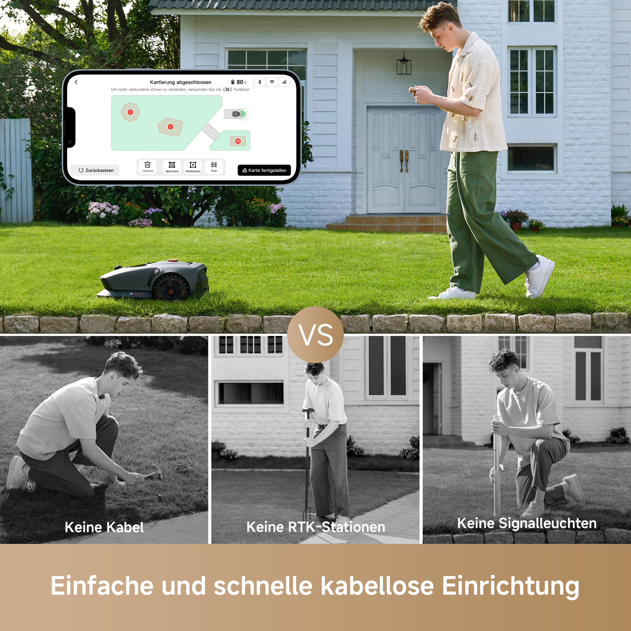 Ein Mann steuert einen Rasenmäher per Telefon. Das Bild zeigt Rasen und ein Haus.