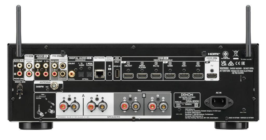 Rückseite eines Denon Netzwerk-Stereo-Receivers mit Anschlüssen.