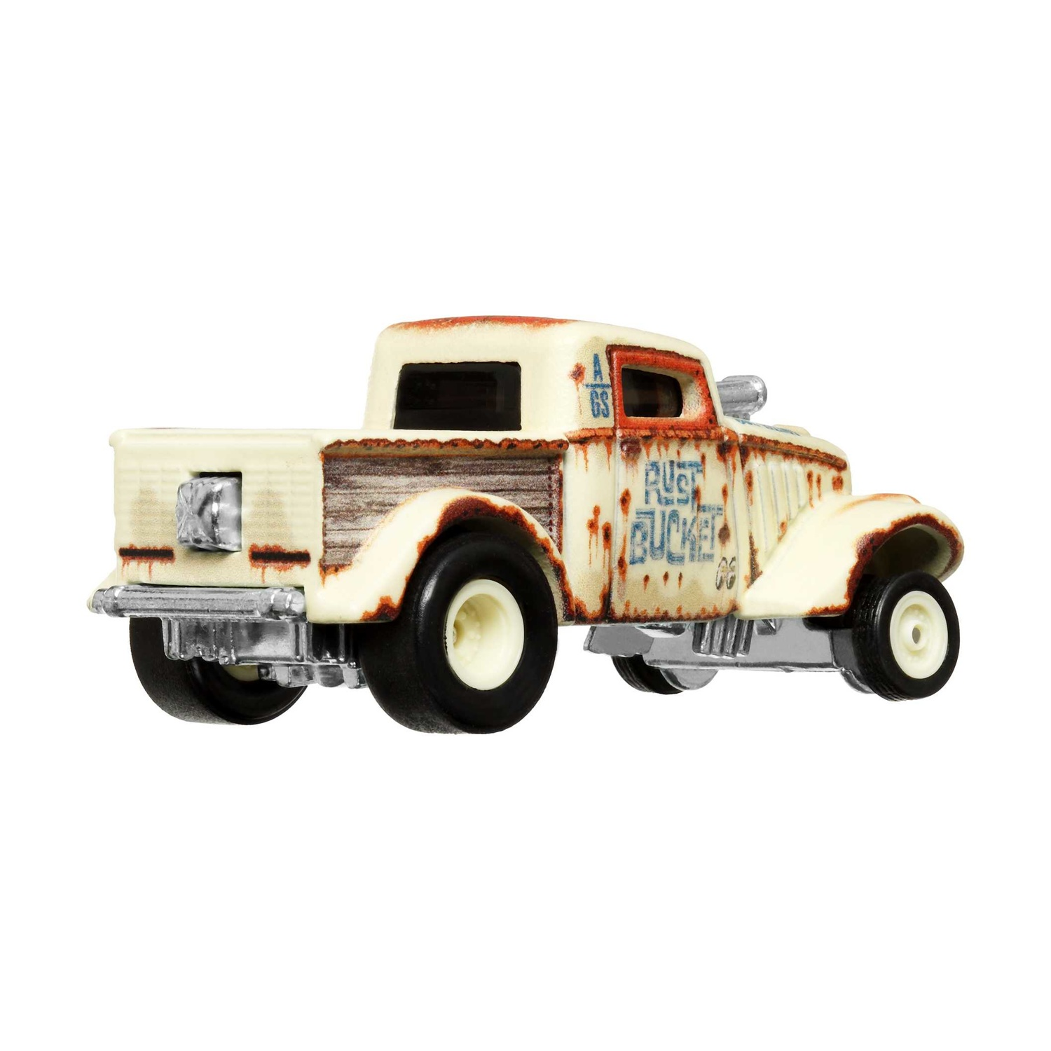 Un'auto giocattolo, un camioncino arrugginito con la scritta "RUST BUCKET".