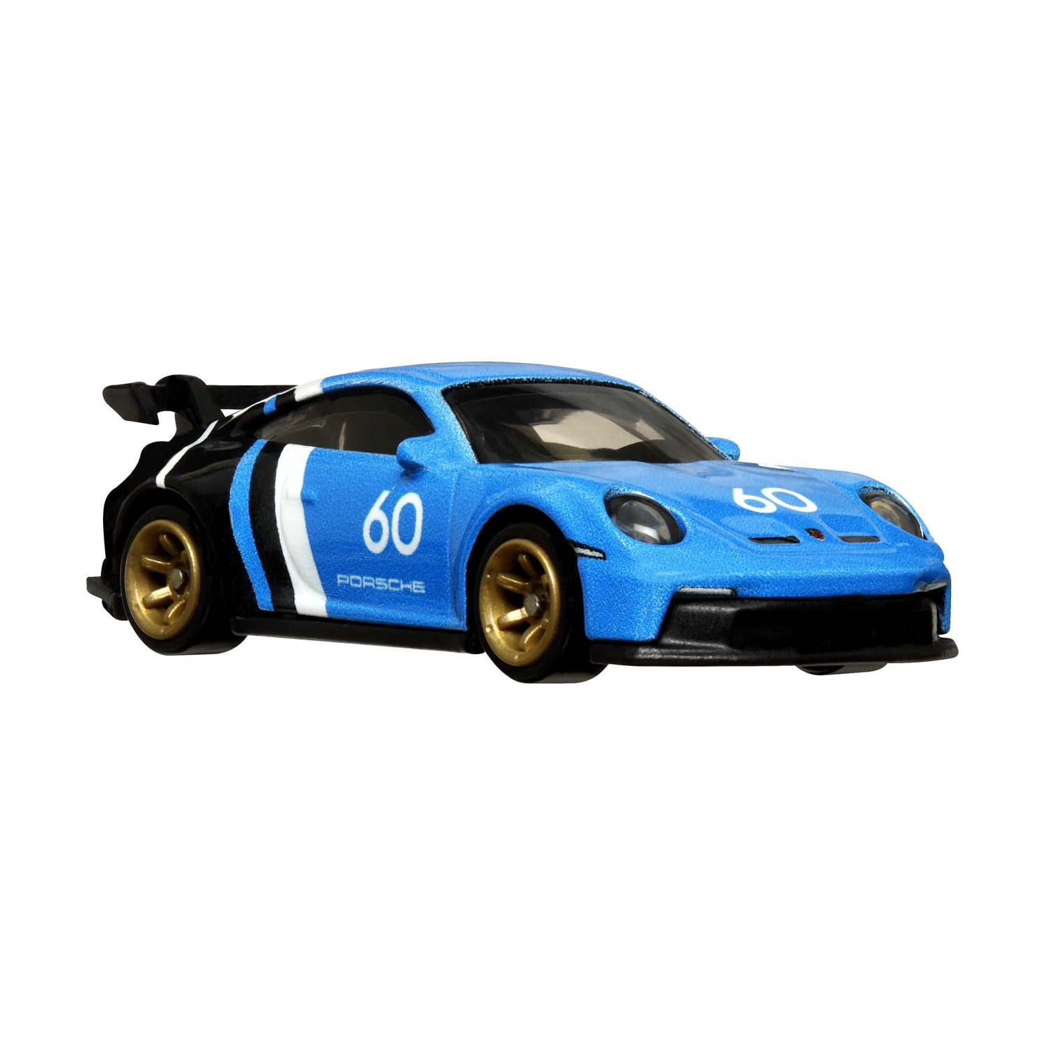 Porsche da corsa blu con ruote dorate e il numero 60. Strisce bianche e nere sul lato.