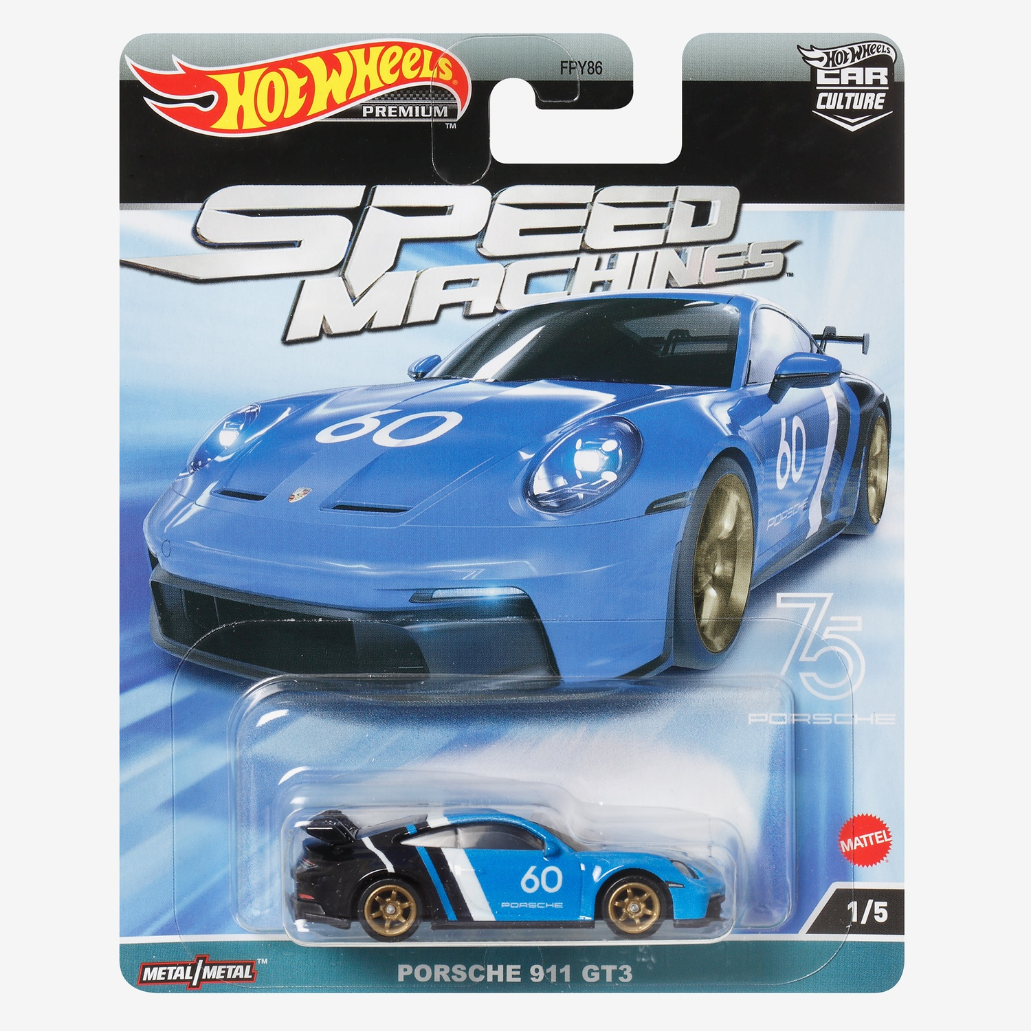 Macchinina Hot Wheels Porsche 911 GT3 blu e nera in confezione.