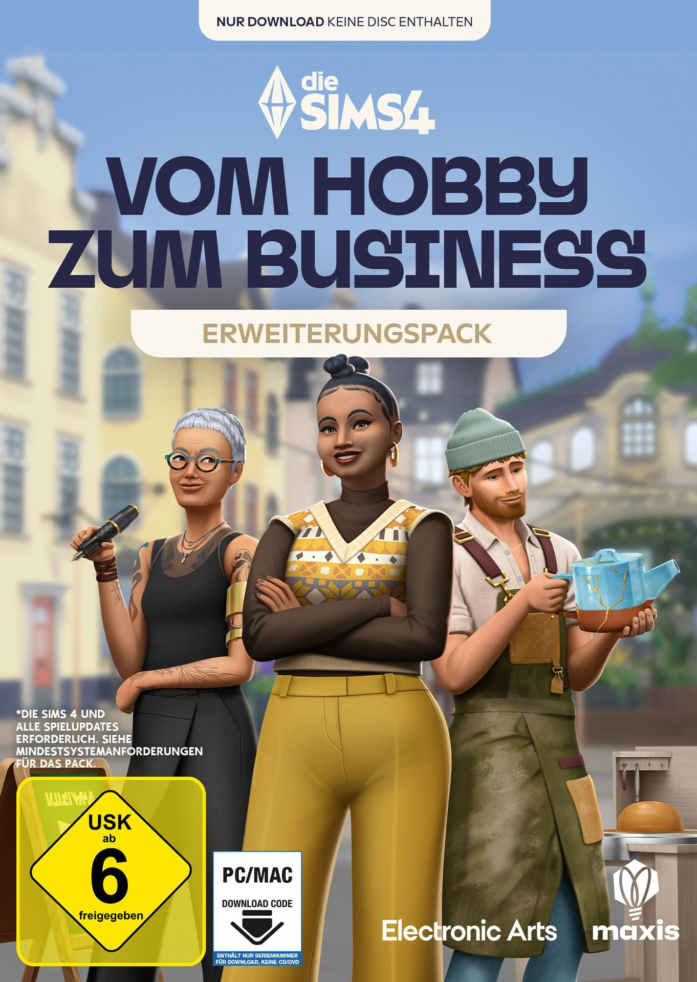 Sims 4 Spielcover mit drei Cartoon-Charakteren, Text auf Deutsch und Spielelogo.