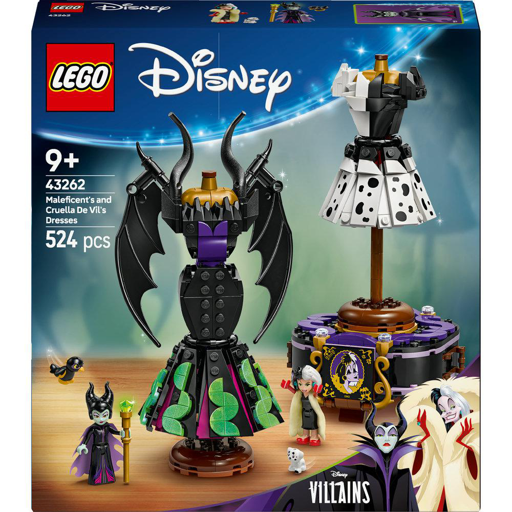 Lego-Set: Disney-Bösewichte Maleficent und Cruella De Vils Kleider, mit Figuren.