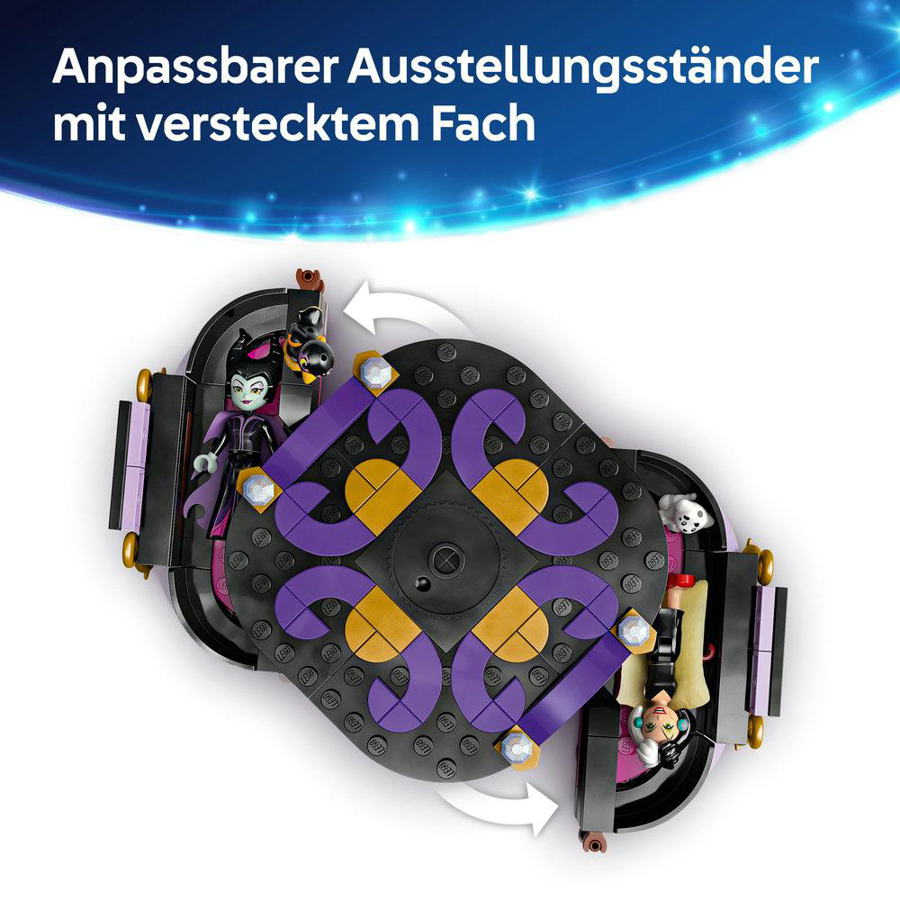 LEGO-Set mit Figuren. Lila und goldene Elemente, zwei Figuren, weißer Hintergrund, Draufsicht.