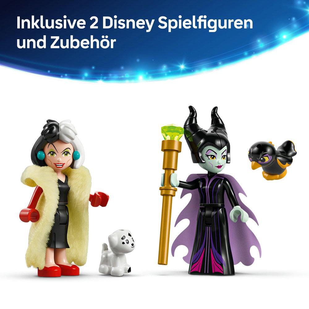 Zwei Disney-Figuren. Cruella De Vil und Maleficent, plus Zubehör.