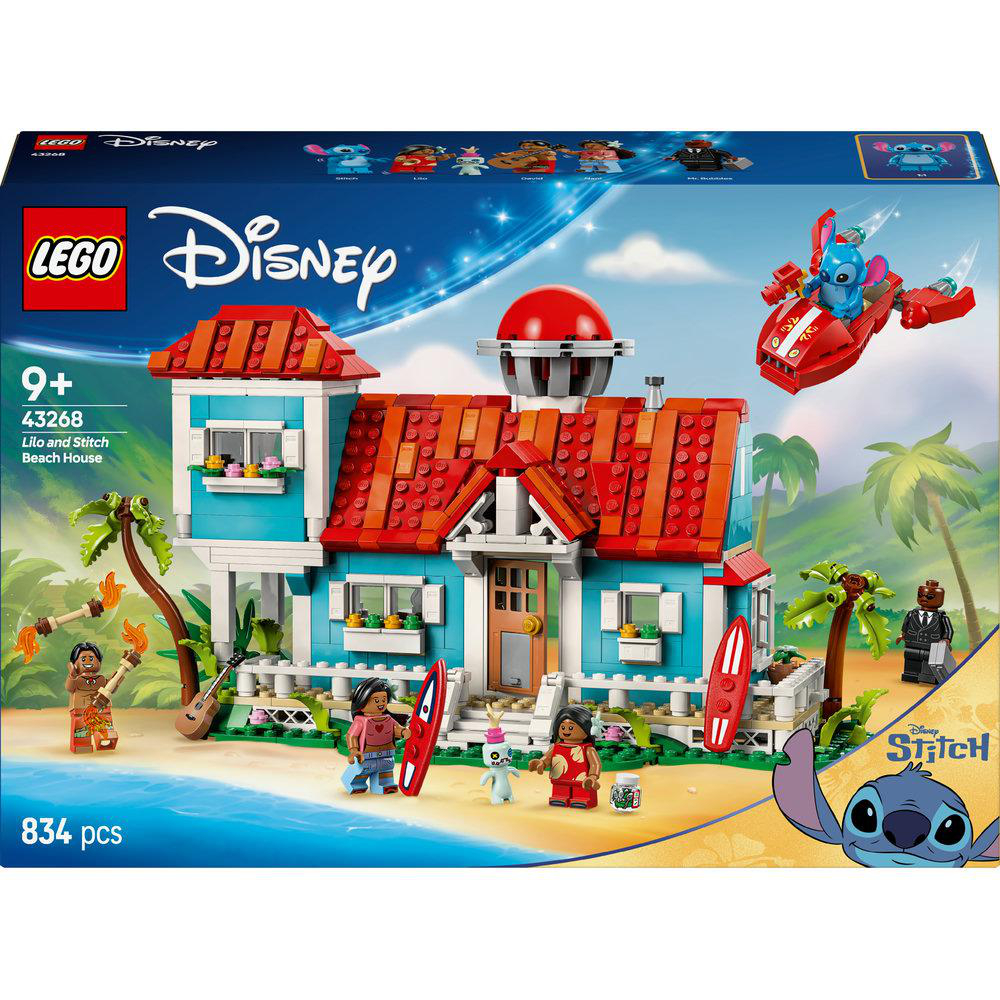 Lego Disney Lilo und Stitch Strandhaus Set. Es hat Figuren, rotes Dach, blaue Wände und Surfbretter.