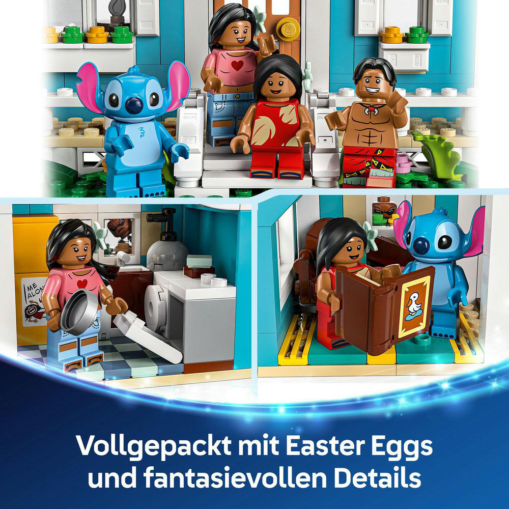 Lego-Set mit Stitch und Figuren, in einer Häuschen-Szene. Der Text lautet: 'Voller Easter Eggs'.