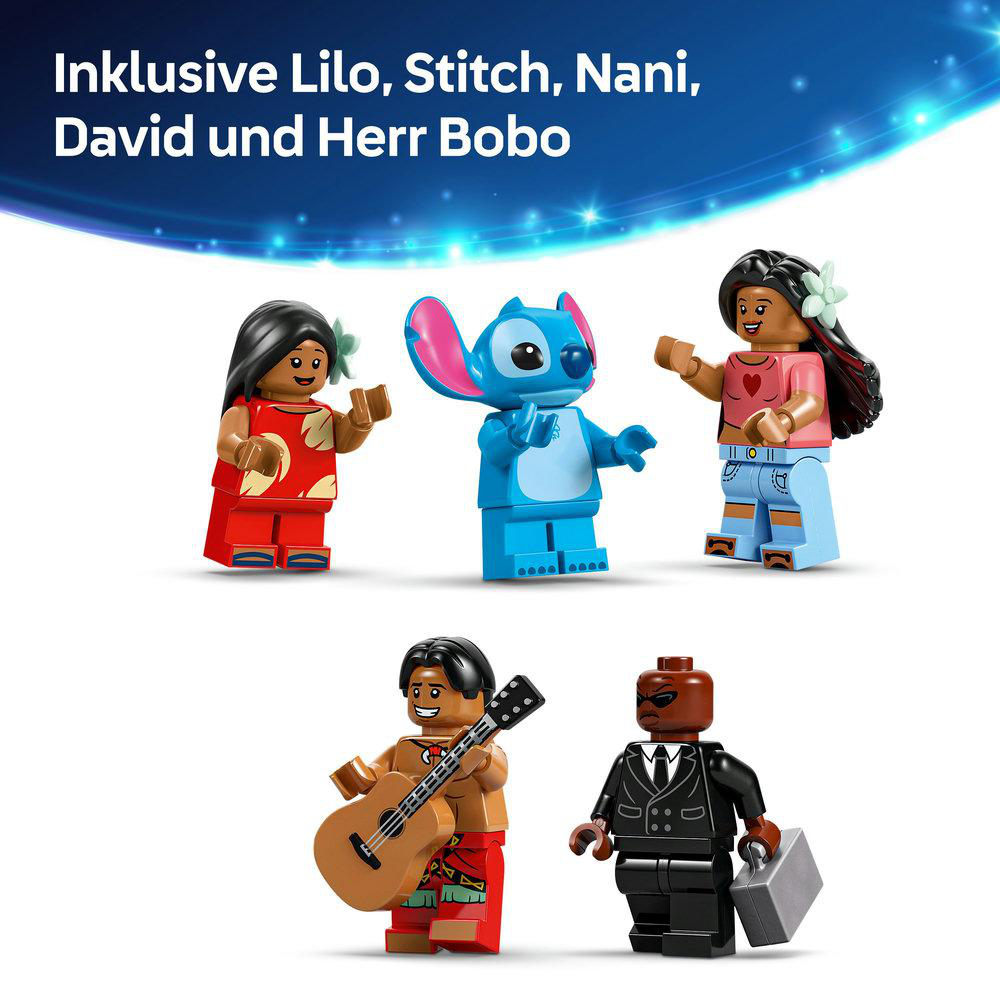Lego-Figuren von Lilo, Stitch, Nani, David und Mr. Bobo. Sie stehen in einer Gruppe.