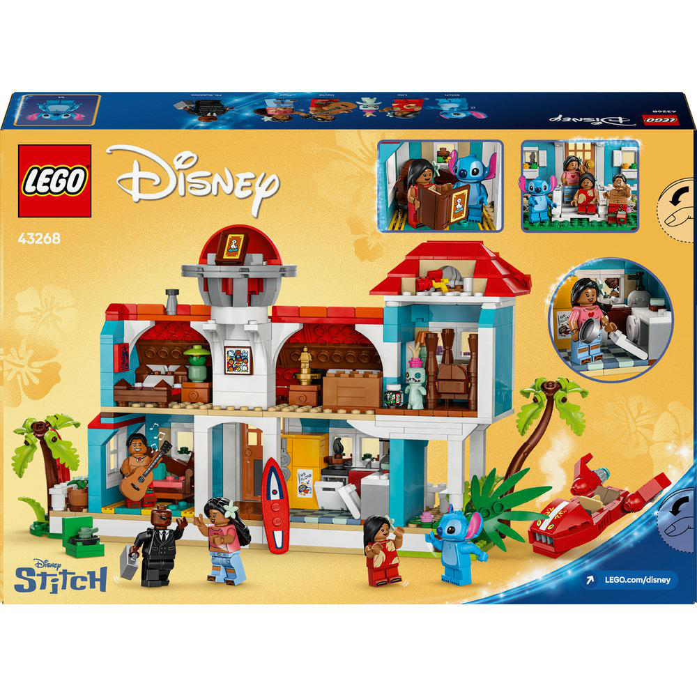 Lego Disney Stitch Spielset-Box. Es zeigt ein Haus und viele Stitch-Figuren.
