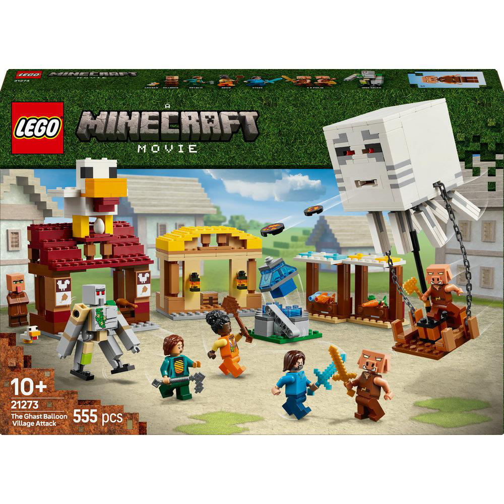 Lego Minecraft-Set mit verschiedenen Figuren und Strukturen. Die Box ist sichtbar.