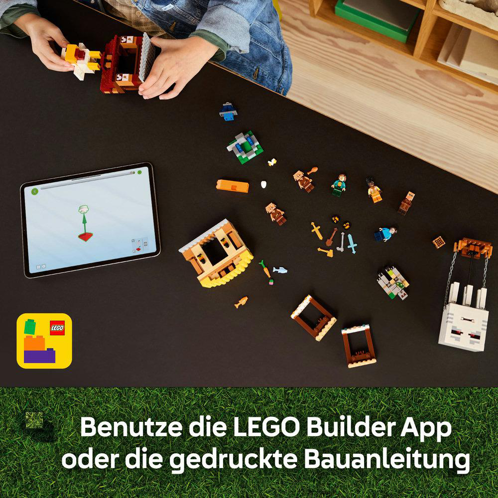 Ein Kind spielt mit Legosteinen auf einem Tisch, ein Tablet zeigt Anweisungen.