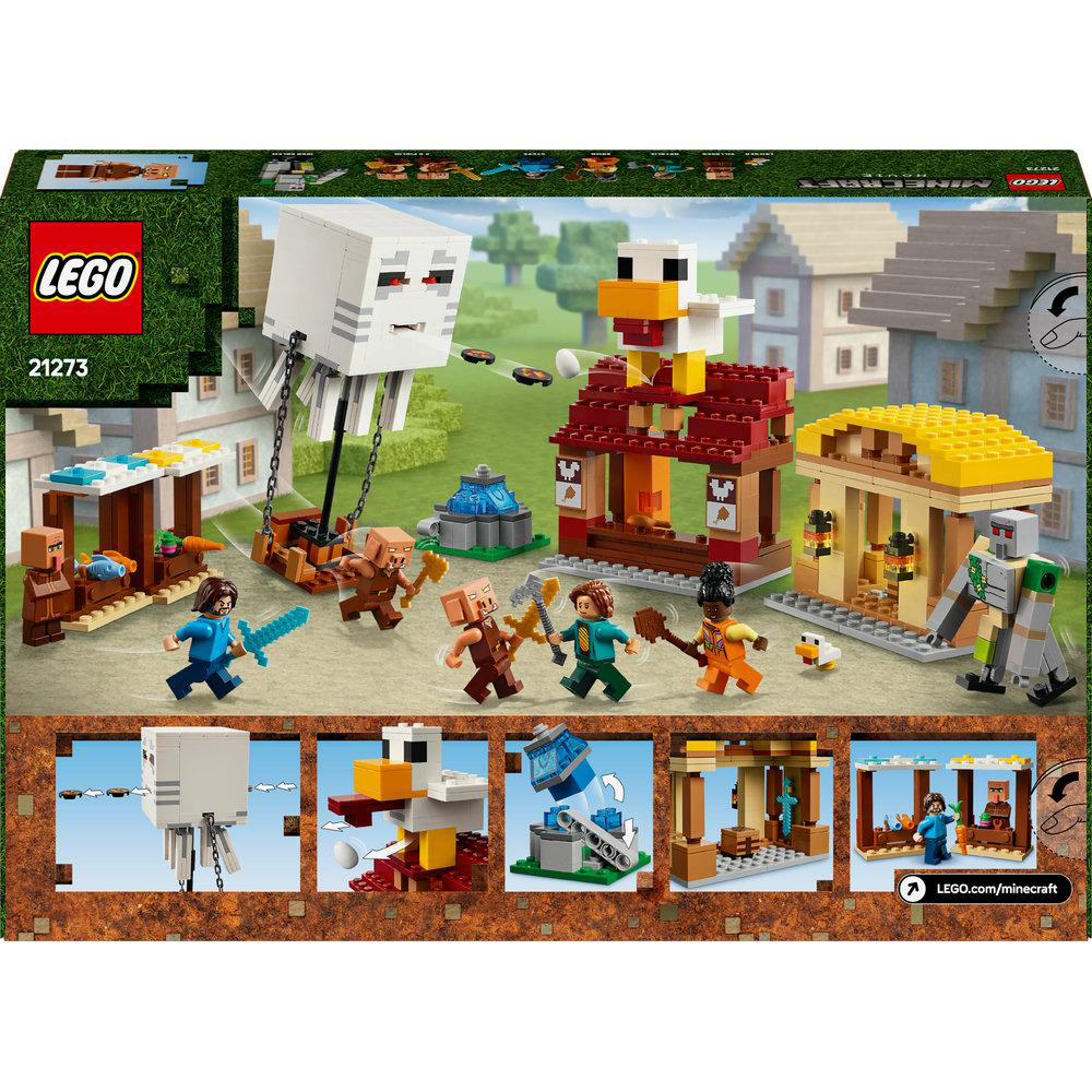 LEGO Minecraft-Set mit Figuren, Gebäuden und einer großen weißen Geisterfigur links.