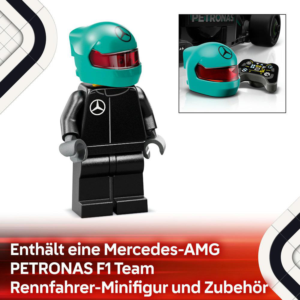 Lego-Figur eines Rennfahrers mit türkisfarbenem Helm, Rennwagen und Zubehör.