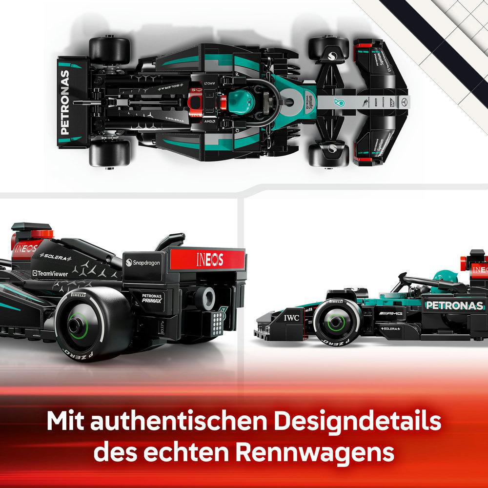 Bilder eines schwarzen und blaugrünen Lego-Rennwagenmodells.