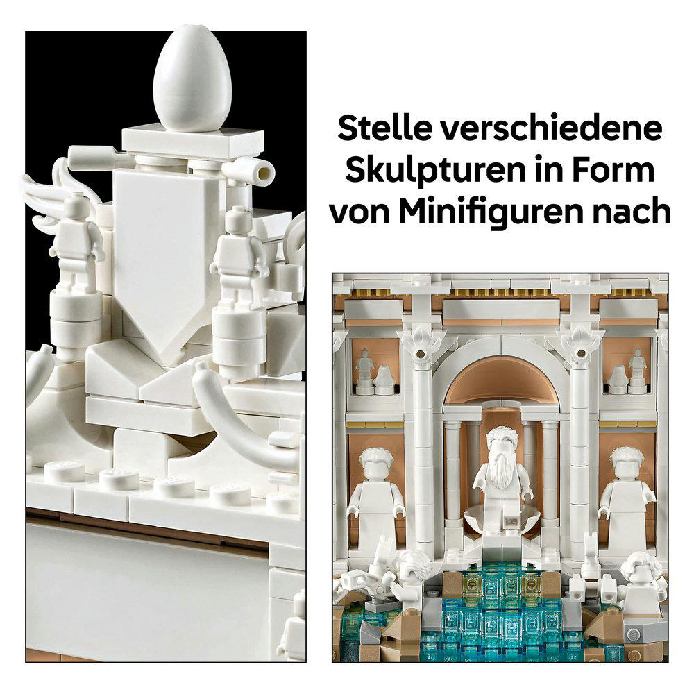 LEGO weiße Architektur mit Statuen und Minifiguren. Text auf Deutsch.