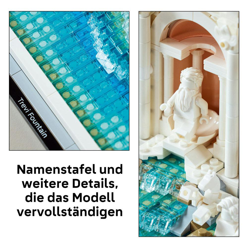 LEGO Trevi-Brunnen-Modell mit Text und Details der Architektur.