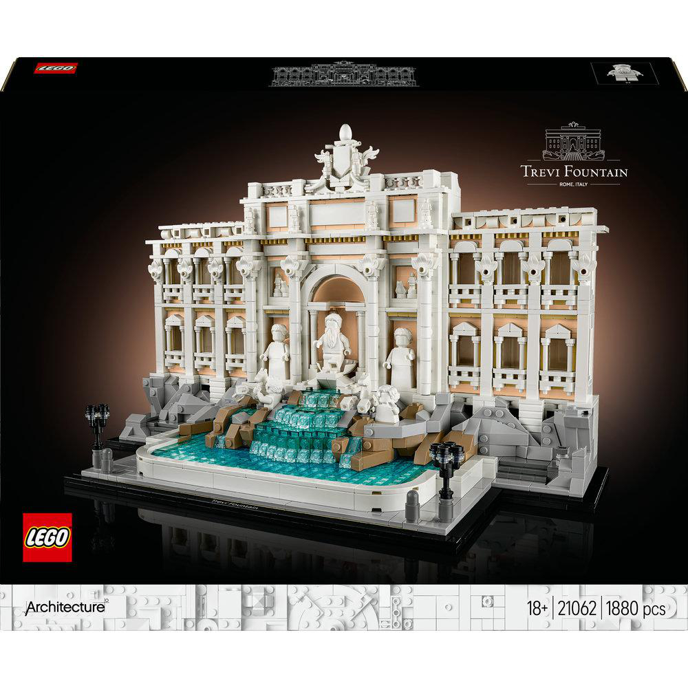 Ein LEGO-Modell des Trevi-Brunnens steht auf einer schwarzen Oberfläche. Das Modell ist detailliert und weiß mit schwarzem Hintergrund.