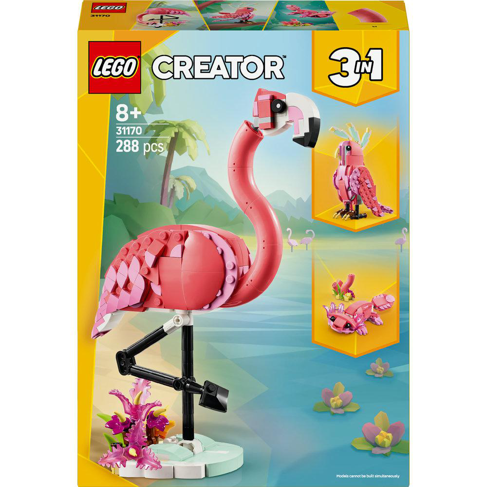 LEGO Creator 3-in-1 Set mit einem rosa Flamingo und anderen Modellen.