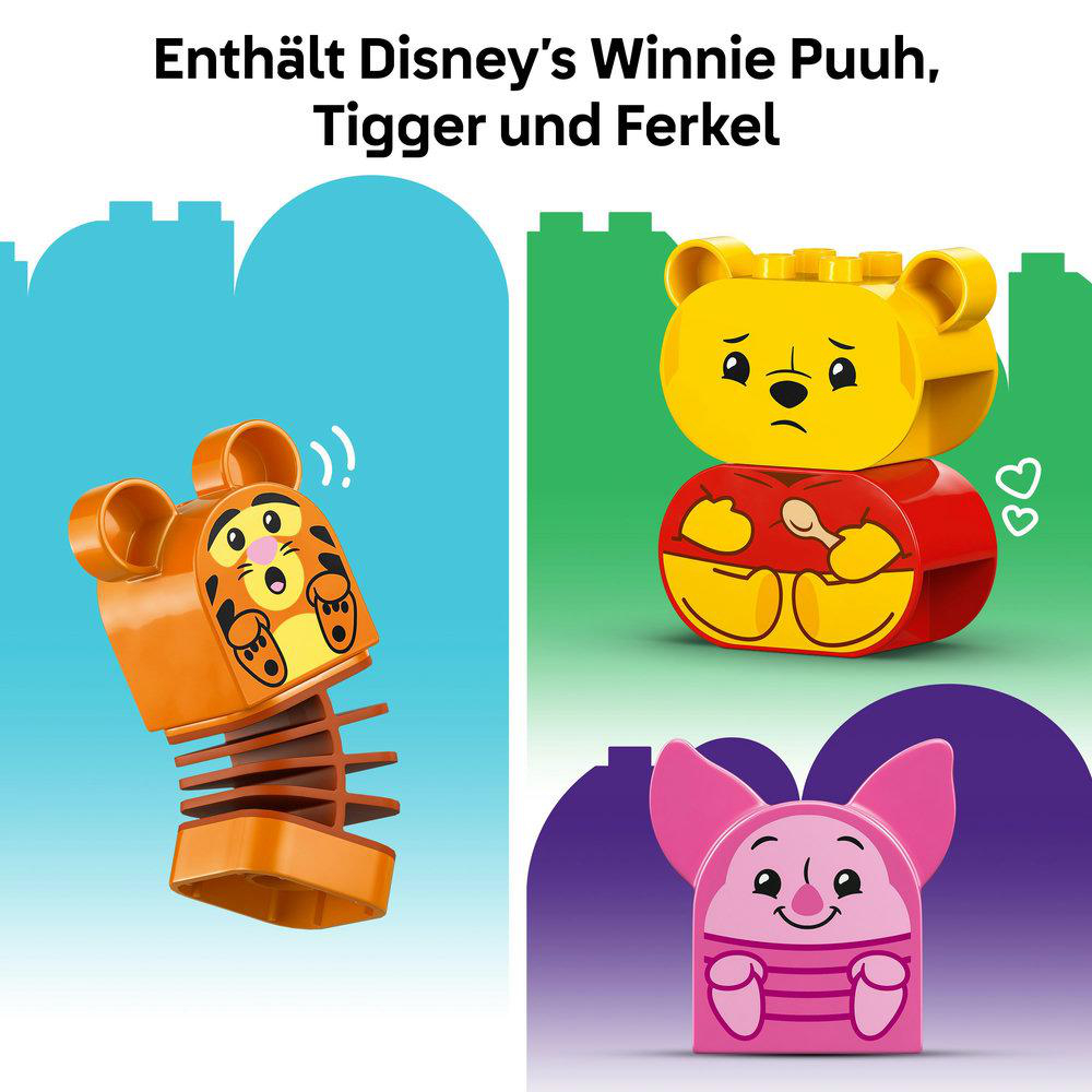 LEGO Duplo Winnie Puuh, Tigger und Ferkel Figuren auf farbigem Hintergrund.