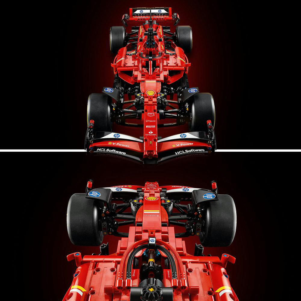 Zwei Bilder eines roten Ferrari F1-Wagen-LEGO-Modells. Unteransicht, Draufsicht, mit schwarzem Hintergrund.