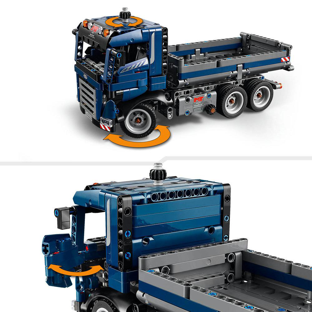 Ein Lego Technic Truck-Modell. Der Truck ist blau. Nahaufnahme der Details des Trucks.