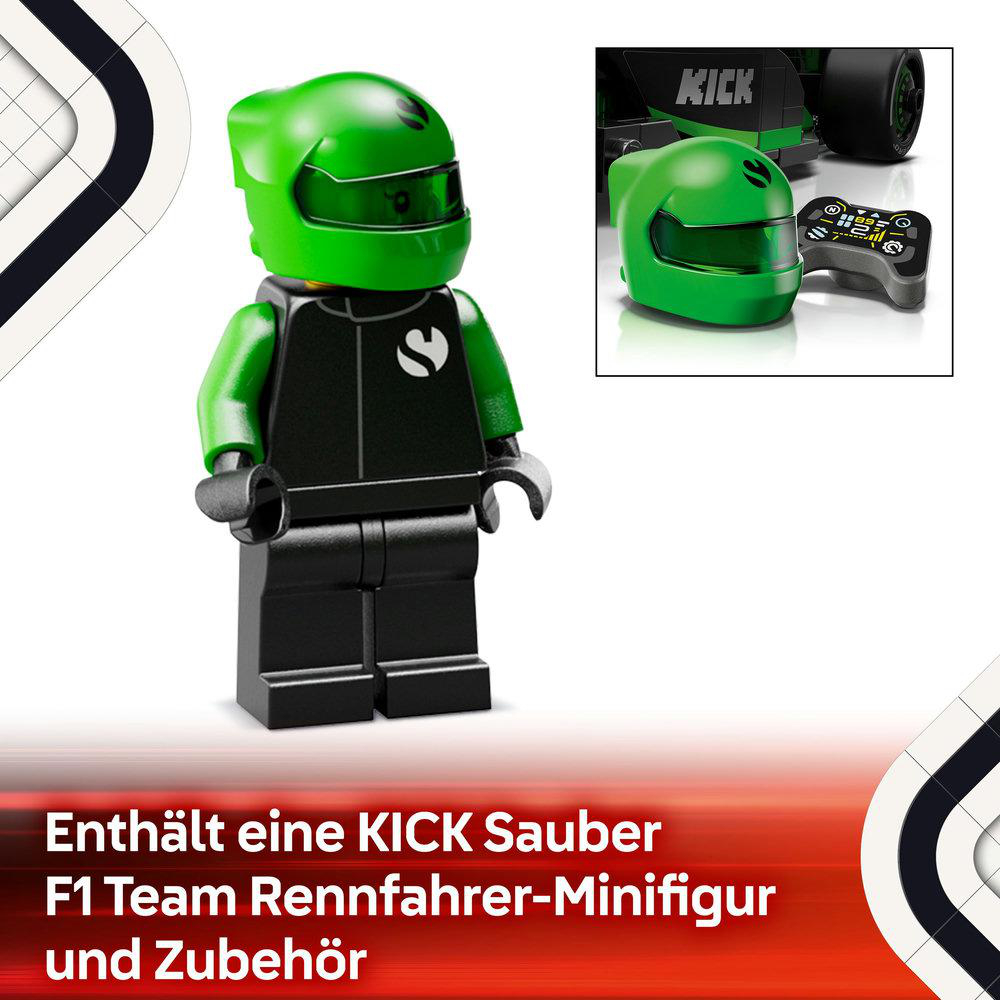 Lego-Minifigur mit grünem Helm und Rennanzug. Zubehör und Text sind sichtbar.