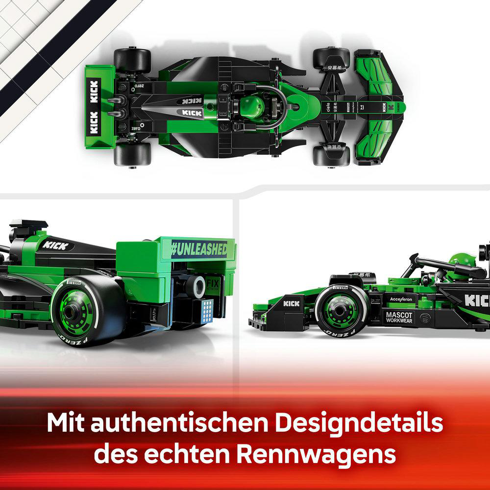 Lego-Rennwagen-Set. Mehrere Ansichten eines grünen und schwarzen Rennwagens. Text: Mit authentischen Design details...