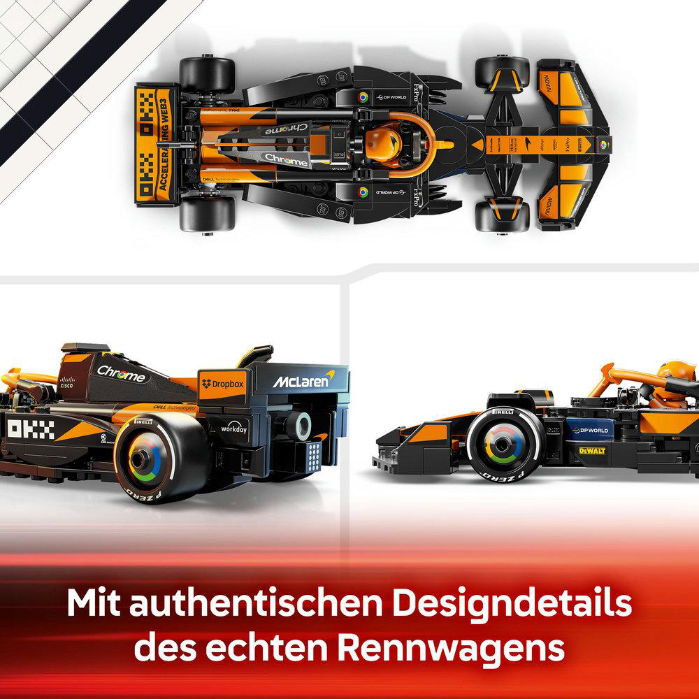 Bild eines LEGO McLaren F1-Automodells aus mehreren Blickwinkeln. Schwarz-oranges Farbschema.