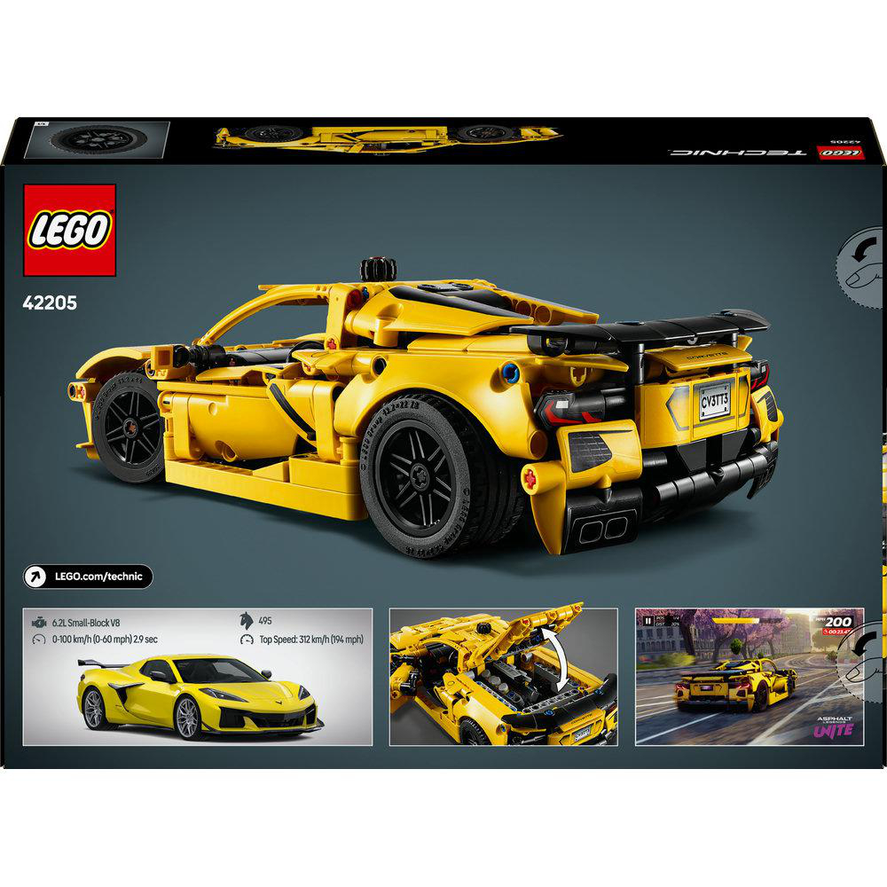 Lego Technic gelbe Sportwagenbox. Rückansicht des zusammengebauten Autos wird gezeigt.