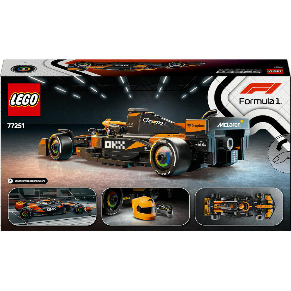 Lego-Box eines Formel-1-Rennwagens. Die Box zeigt Bilder des Autos und seiner Teile. Der Hintergrund ist weiß.
