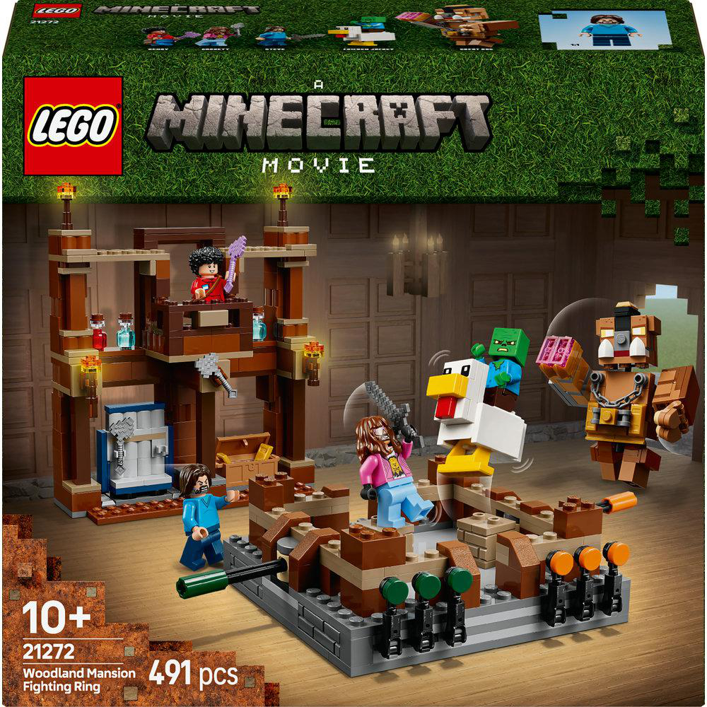 Lego Minecraft Set mit Figuren und Holzstruktur auf grünem Hintergrund.