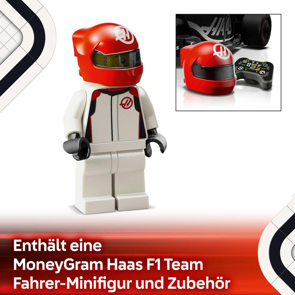 Lego-Figur eines Haas F1 Team-Fahrers mit rotem Helm. Text: 'MoneyGram Haas F1 Team'.