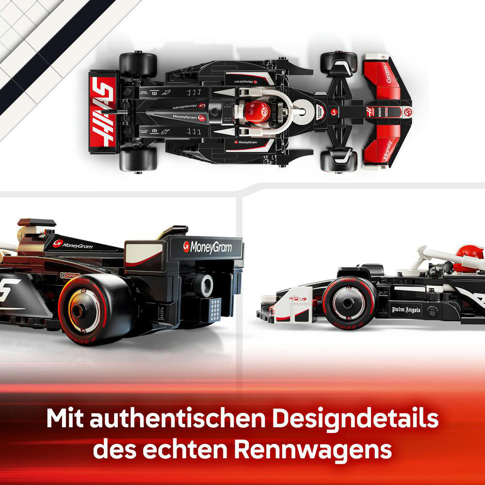 Bilder eines schwarzen Formel-1-Rennwagen-LEGO-Modells. Draufsicht, Seitenansicht und Vorderansicht werden gezeigt.