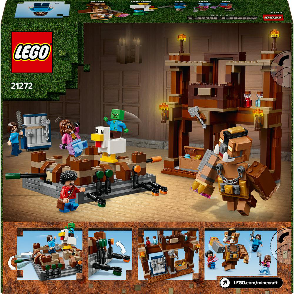 Rückseite einer LEGO Minecraft-Set-Box mit verschiedenen Figuren und einer mehrstöckigen Struktur.