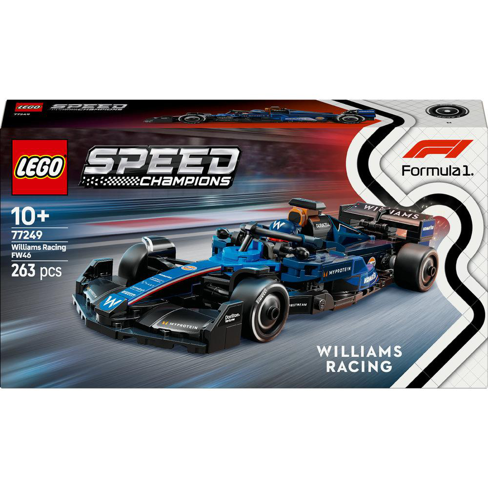 Eine LEGO Speed Champions Williams Racing F1 Auto-Set-Box, blau und schwarz.