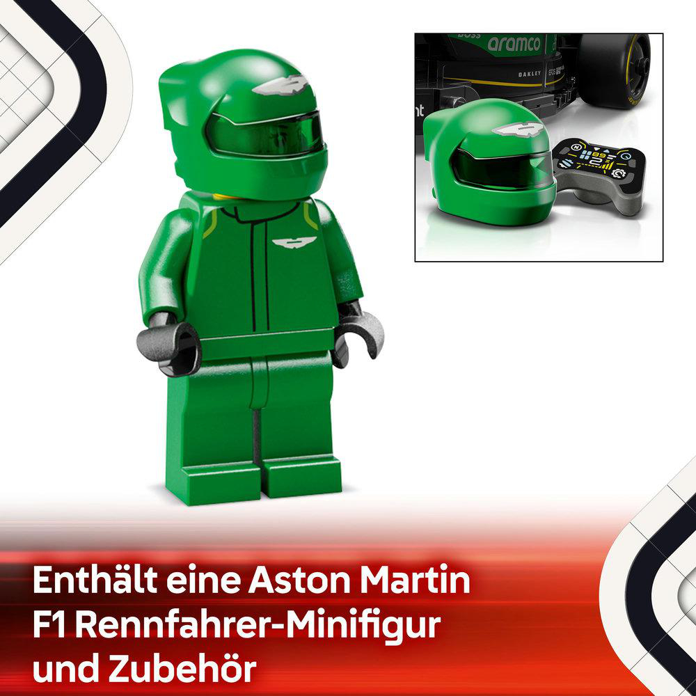 Eine Lego-Figur eines grünen Aston Martin F1-Fahrers. Ein Bedienfeld ist im Hintergrund zu sehen.