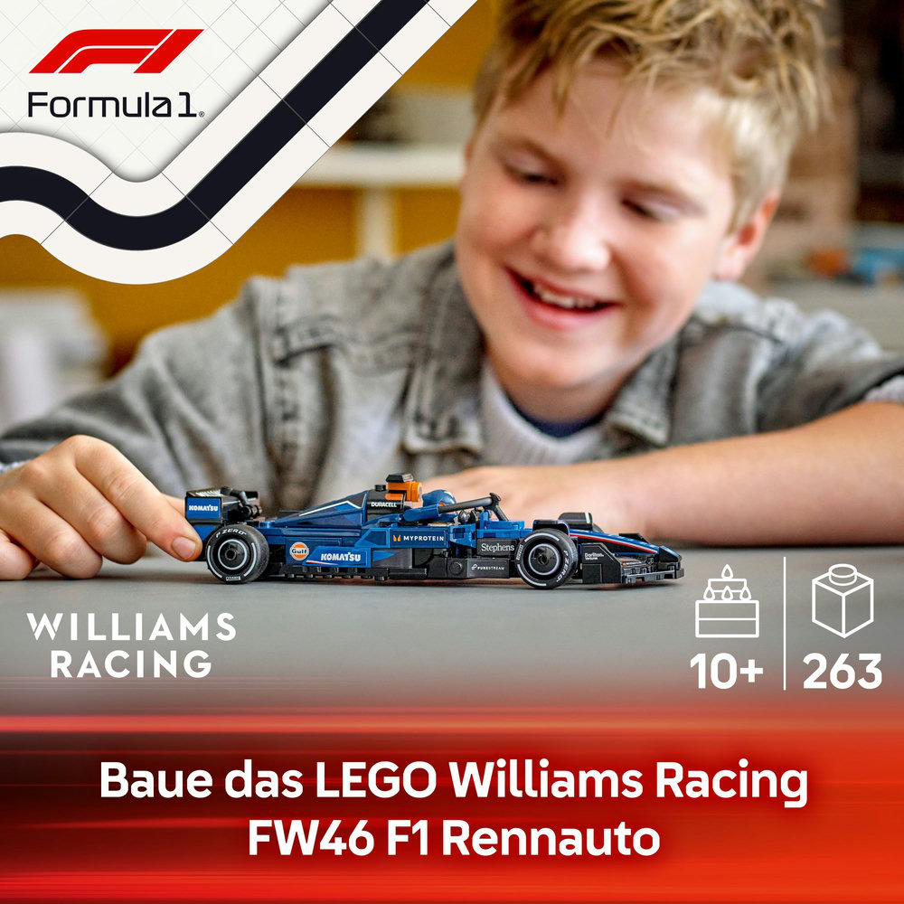 Ein Kind lächelt mit einem Lego-Rennwagenmodell. Inklusive Text und Lego-Steinanzahl: 10+ und 263.